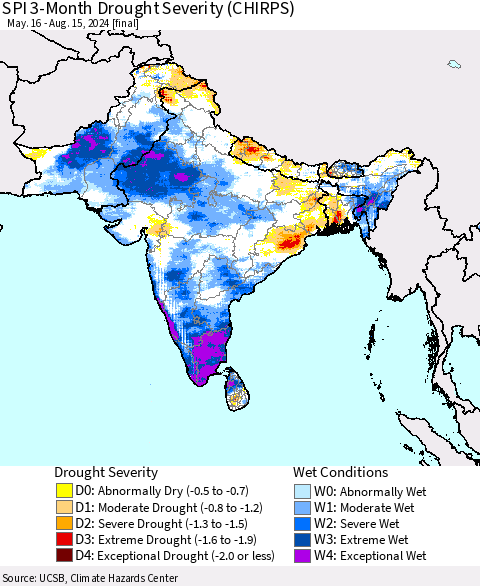 Southern Asia SPI 3-Month Drought Severity (CHIRPS) Thematic Map For 5/16/2024 - 8/15/2024