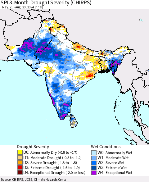 Southern Asia SPI 3-Month Drought Severity (CHIRPS) Thematic Map For 5/21/2024 - 8/20/2024