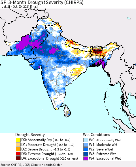 Southern Asia SPI 3-Month Drought Severity (CHIRPS) Thematic Map For 7/21/2024 - 10/20/2024