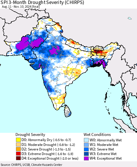 Southern Asia SPI 3-Month Drought Severity (CHIRPS) Thematic Map For 8/11/2024 - 11/10/2024