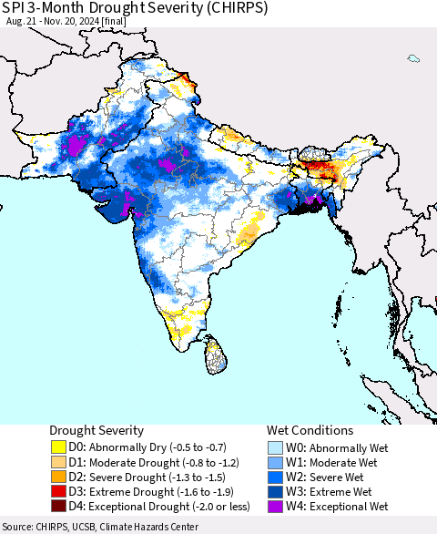 Southern Asia SPI 3-Month Drought Severity (CHIRPS) Thematic Map For 8/21/2024 - 11/20/2024
