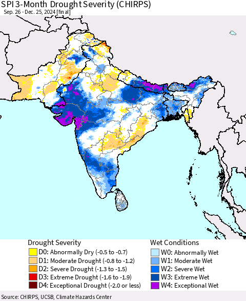 Southern Asia SPI 3-Month Drought Severity (CHIRPS) Thematic Map For 9/26/2024 - 12/25/2024