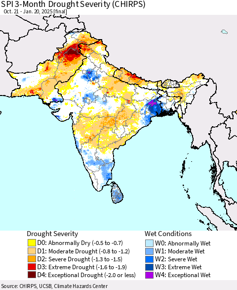 Southern Asia SPI 3-Month Drought Severity (CHIRPS) Thematic Map For 10/21/2024 - 1/20/2025