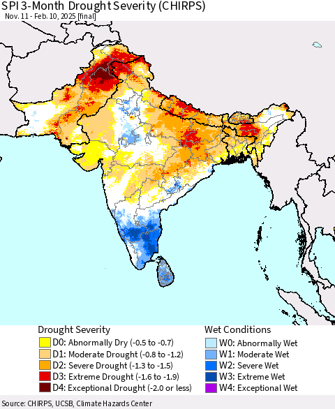 Southern Asia SPI 3-Month Drought Severity (CHIRPS) Thematic Map For 11/11/2024 - 2/10/2025