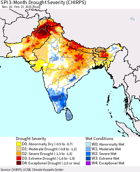 Southern Asia SPI 3-Month Drought Severity (CHIRPS) Thematic Map For 11/16/2024 - 2/15/2025