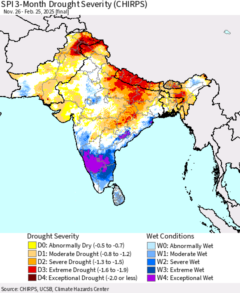 Southern Asia SPI 3-Month Drought Severity (CHIRPS) Thematic Map For 11/26/2024 - 2/25/2025