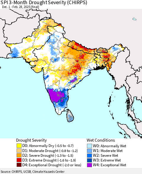 Southern Asia SPI 3-Month Drought Severity (CHIRPS) Thematic Map For 12/1/2024 - 2/28/2025