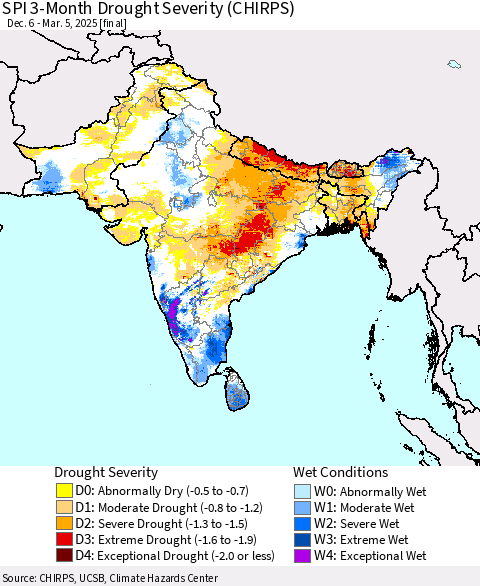 Southern Asia SPI 3-Month Drought Severity (CHIRPS) Thematic Map For 12/6/2024 - 3/5/2025