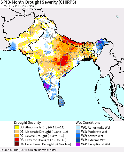 Southern Asia SPI 3-Month Drought Severity (CHIRPS) Thematic Map For 12/16/2024 - 3/15/2025