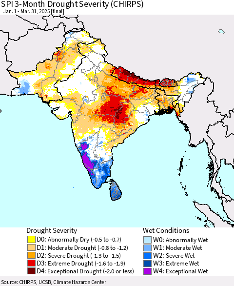 Southern Asia SPI 3-Month Drought Severity (CHIRPS) Thematic Map For 1/1/2025 - 3/31/2025