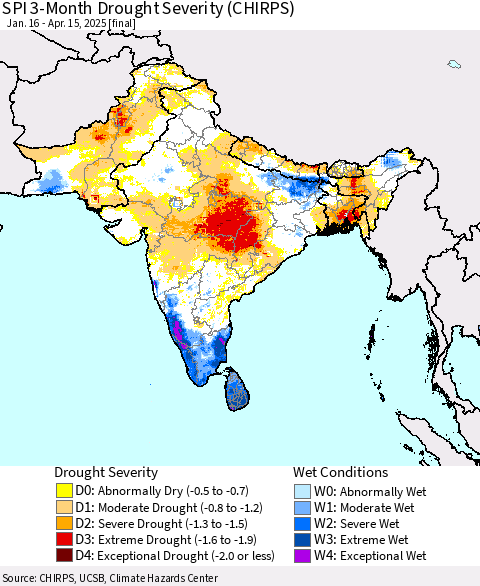 Southern Asia SPI 3-Month Drought Severity (CHIRPS) Thematic Map For 1/16/2025 - 4/15/2025