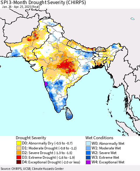 Southern Asia SPI 3-Month Drought Severity (CHIRPS) Thematic Map For 1/26/2025 - 4/25/2025