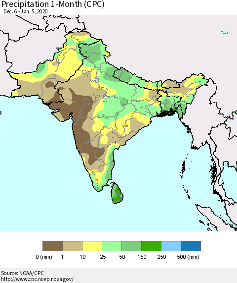 Southern Asia Precipitation 1-Month (CPC) Thematic Map For 12/6/2019 - 1/5/2020