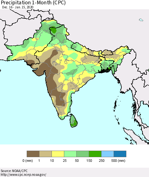 Southern Asia Precipitation 1-Month (CPC) Thematic Map For 12/16/2019 - 1/15/2020