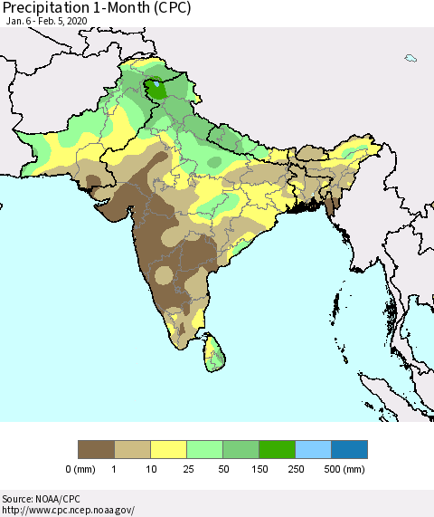 Southern Asia Precipitation 1-Month (CPC) Thematic Map For 1/6/2020 - 2/5/2020