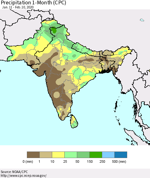 Southern Asia Precipitation 1-Month (CPC) Thematic Map For 1/11/2020 - 2/10/2020