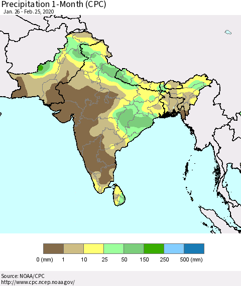Southern Asia Precipitation 1-Month (CPC) Thematic Map For 1/26/2020 - 2/25/2020