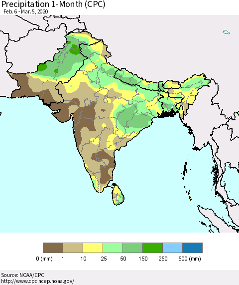 Southern Asia Precipitation 1-Month (CPC) Thematic Map For 2/6/2020 - 3/5/2020