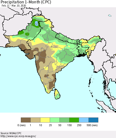 Southern Asia Precipitation 1-Month (CPC) Thematic Map For 2/11/2020 - 3/10/2020