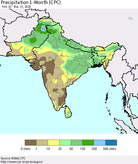 Southern Asia Precipitation 1-Month (CPC) Thematic Map For 2/16/2020 - 3/15/2020