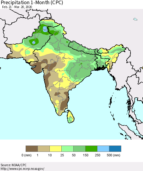Southern Asia Precipitation 1-Month (CPC) Thematic Map For 2/21/2020 - 3/20/2020