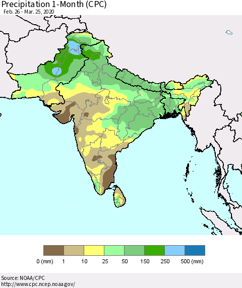 Southern Asia Precipitation 1-Month (CPC) Thematic Map For 2/26/2020 - 3/25/2020