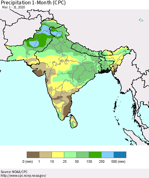 Southern Asia Precipitation 1-Month (CPC) Thematic Map For 3/1/2020 - 3/31/2020