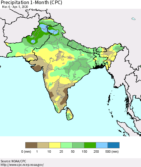 Southern Asia Precipitation 1-Month (CPC) Thematic Map For 3/6/2020 - 4/5/2020