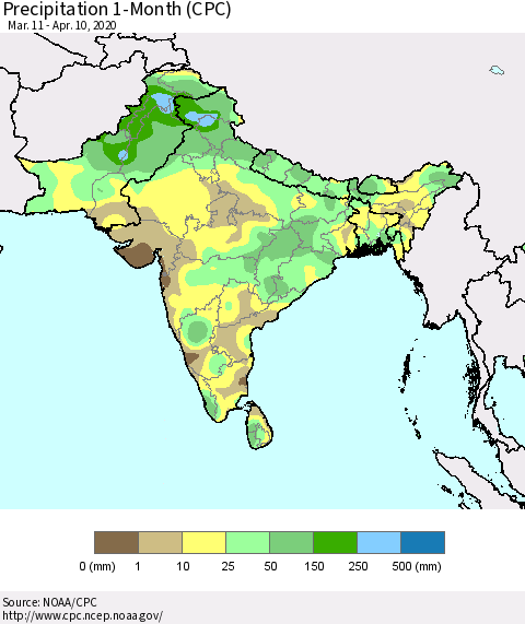 Southern Asia Precipitation 1-Month (CPC) Thematic Map For 3/11/2020 - 4/10/2020