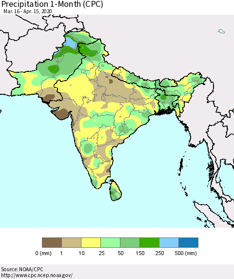 Southern Asia Precipitation 1-Month (CPC) Thematic Map For 3/16/2020 - 4/15/2020