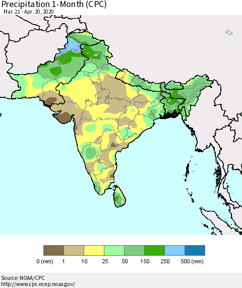 Southern Asia Precipitation 1-Month (CPC) Thematic Map For 3/21/2020 - 4/20/2020