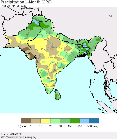 Southern Asia Precipitation 1-Month (CPC) Thematic Map For 3/26/2020 - 4/25/2020
