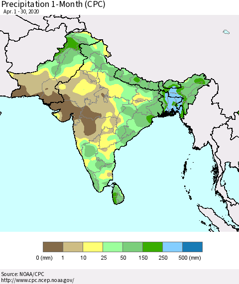 Southern Asia Precipitation 1-Month (CPC) Thematic Map For 4/1/2020 - 4/30/2020