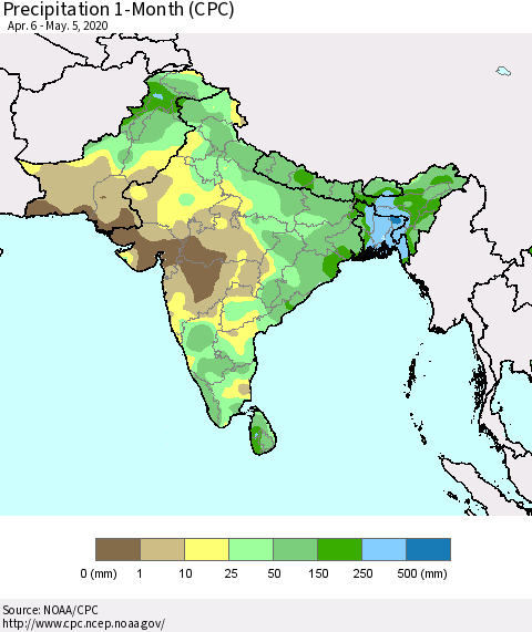 Southern Asia Precipitation 1-Month (CPC) Thematic Map For 4/6/2020 - 5/5/2020