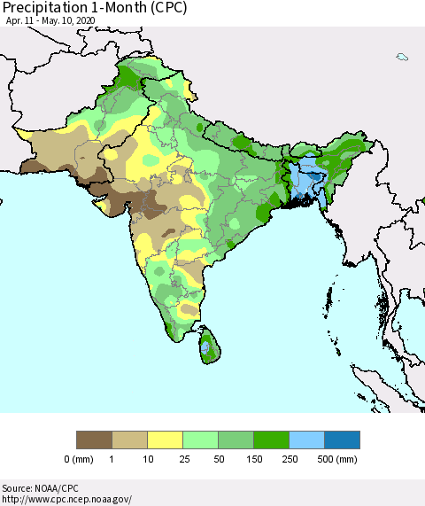 Southern Asia Precipitation 1-Month (CPC) Thematic Map For 4/11/2020 - 5/10/2020