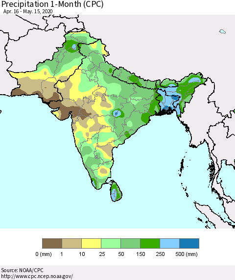 Southern Asia Precipitation 1-Month (CPC) Thematic Map For 4/16/2020 - 5/15/2020