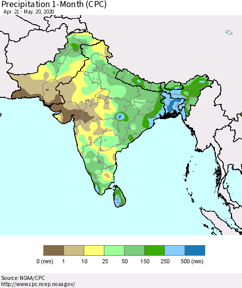 Southern Asia Precipitation 1-Month (CPC) Thematic Map For 4/21/2020 - 5/20/2020