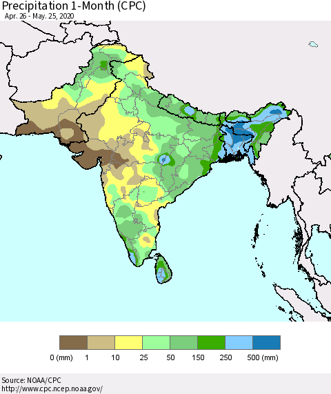 Southern Asia Precipitation 1-Month (CPC) Thematic Map For 4/26/2020 - 5/25/2020