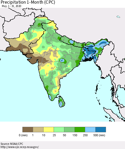 Southern Asia Precipitation 1-Month (CPC) Thematic Map For 5/1/2020 - 5/31/2020