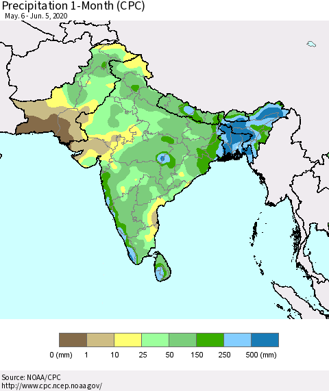 Southern Asia Precipitation 1-Month (CPC) Thematic Map For 5/6/2020 - 6/5/2020