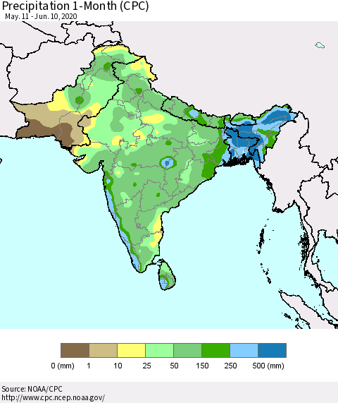 Southern Asia Precipitation 1-Month (CPC) Thematic Map For 5/11/2020 - 6/10/2020