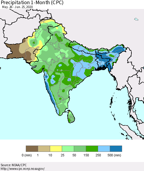 Southern Asia Precipitation 1-Month (CPC) Thematic Map For 5/26/2020 - 6/25/2020
