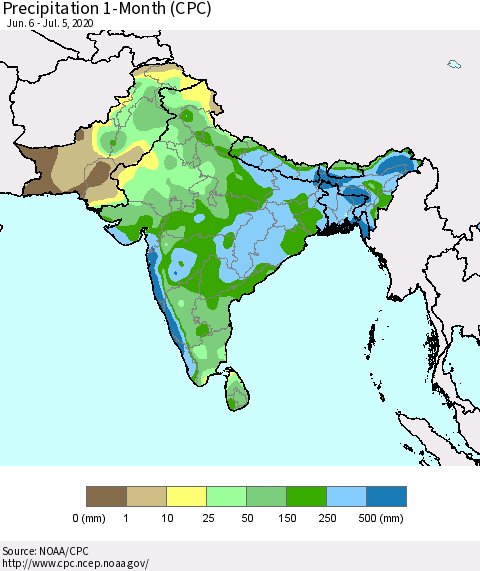 Southern Asia Precipitation 1-Month (CPC) Thematic Map For 6/6/2020 - 7/5/2020