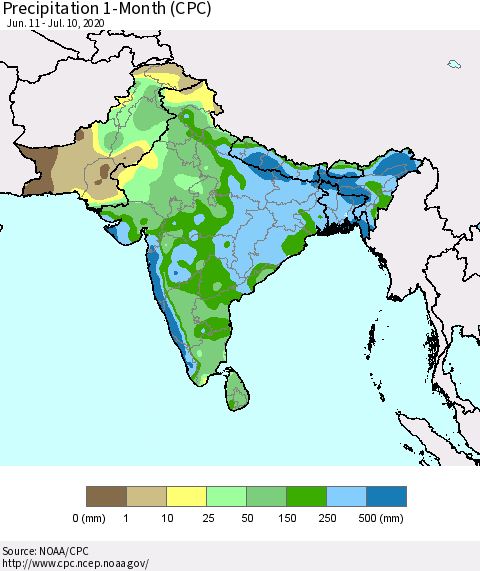 Southern Asia Precipitation 1-Month (CPC) Thematic Map For 6/11/2020 - 7/10/2020
