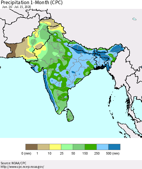 Southern Asia Precipitation 1-Month (CPC) Thematic Map For 6/16/2020 - 7/15/2020