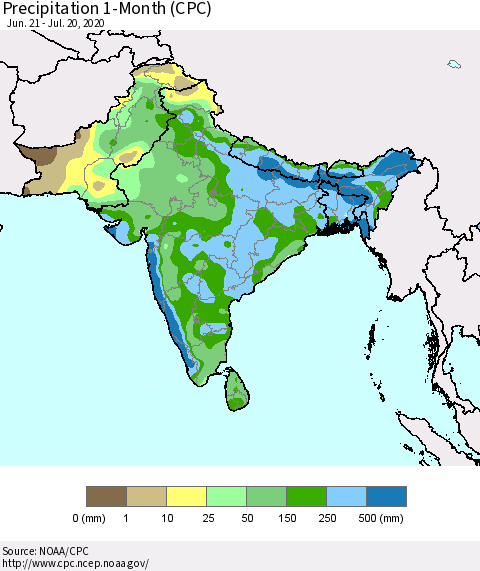 Southern Asia Precipitation 1-Month (CPC) Thematic Map For 6/21/2020 - 7/20/2020