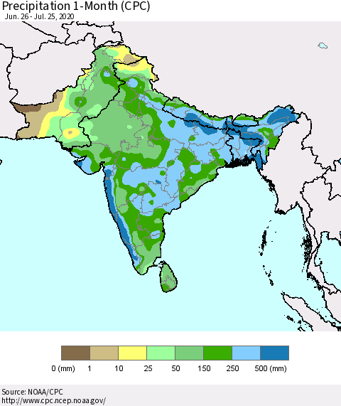 Southern Asia Precipitation 1-Month (CPC) Thematic Map For 6/26/2020 - 7/25/2020