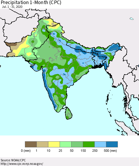 Southern Asia Precipitation 1-Month (CPC) Thematic Map For 7/1/2020 - 7/31/2020