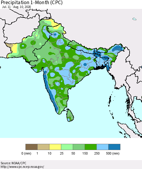 Southern Asia Precipitation 1-Month (CPC) Thematic Map For 7/11/2020 - 8/10/2020