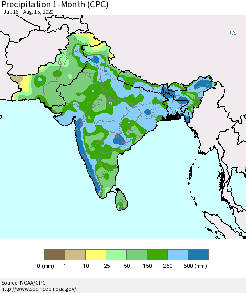 Southern Asia Precipitation 1-Month (CPC) Thematic Map For 7/16/2020 - 8/15/2020